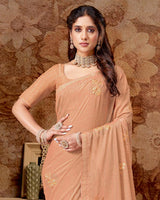 Vishal Prints Dark Peach Designer Chiffon Saree With Embroidery Work And Core Piping