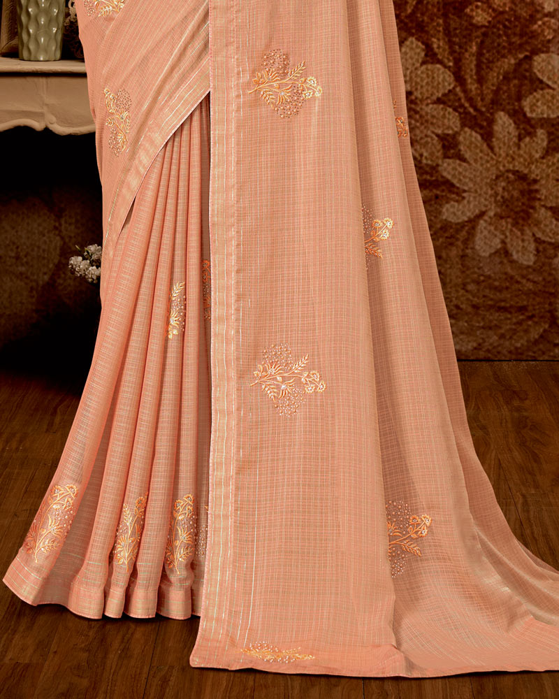 Vishal Prints Dark Peach Designer Chiffon Saree With Embroidery Work And Core Piping