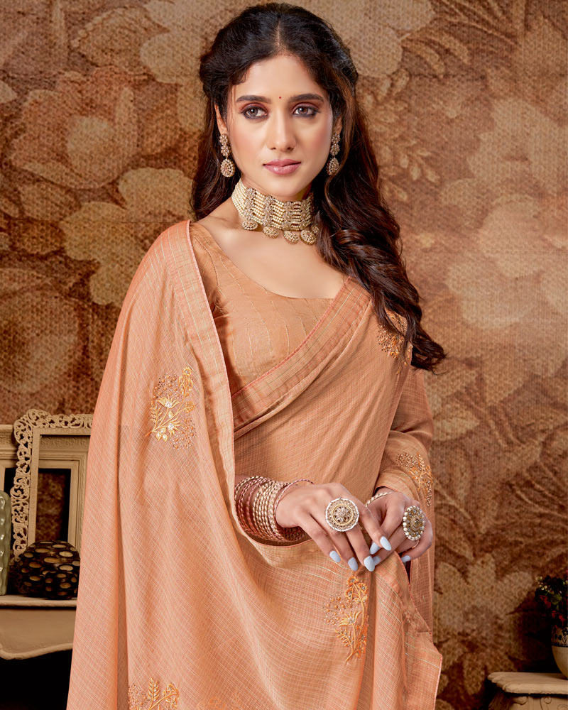 Vishal Prints Dark Peach Designer Chiffon Saree With Embroidery Work And Core Piping