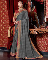 Vishal Prints Grey Chiffon Saree With Zari Border
