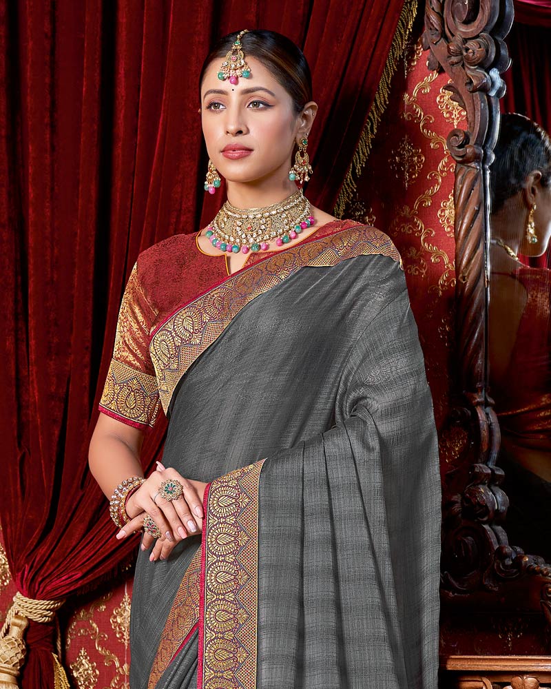 Vishal Prints Grey Chiffon Saree With Zari Border