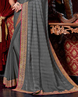 Vishal Prints Grey Chiffon Saree With Zari Border
