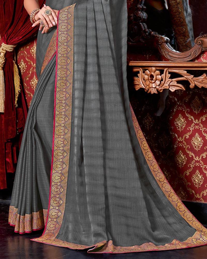 Vishal Prints Grey Chiffon Saree With Zari Border
