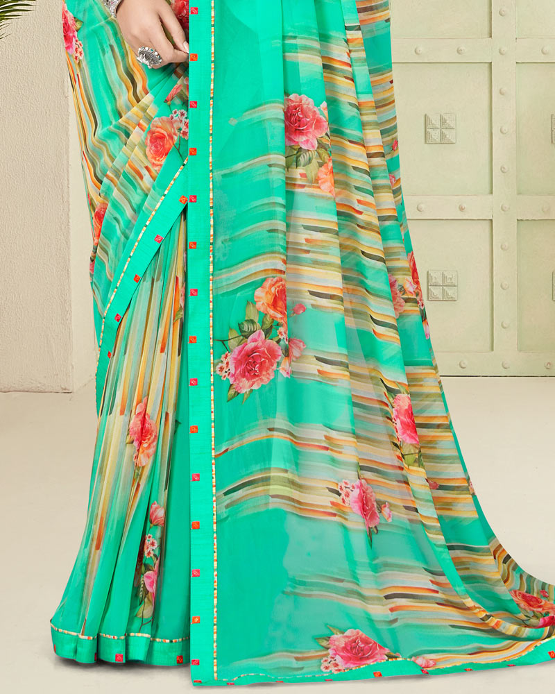Vishal Prints Aqua Green Digital Print Georgette Saree With Fancy Border