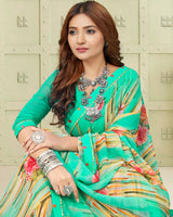 Vishal Prints Aqua Green Digital Print Georgette Saree With Fancy Border