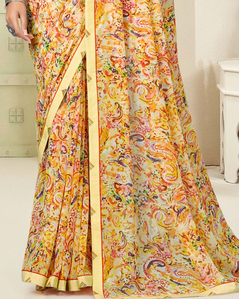Vishal Prints Pastel Yellow Digital Print Georgette Saree With Fancy Border