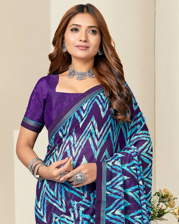 Vishal Prints Dark Violet Digital Print Georgette Saree With Fancy Border
