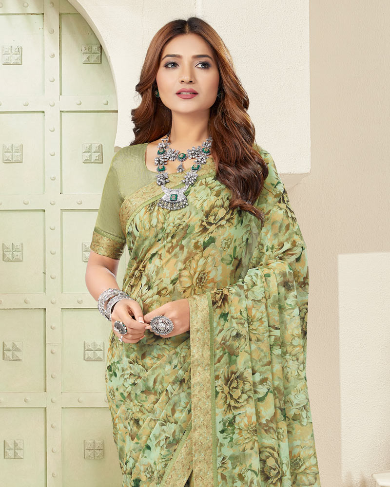 Vishal Prints Sage Green Digital Print Georgette Saree With Fancy Border