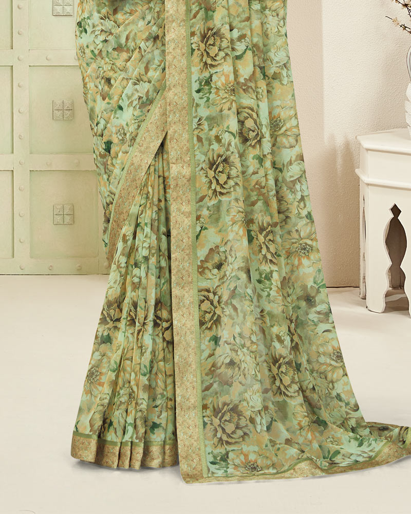 Vishal Prints Sage Green Digital Print Georgette Saree With Fancy Border