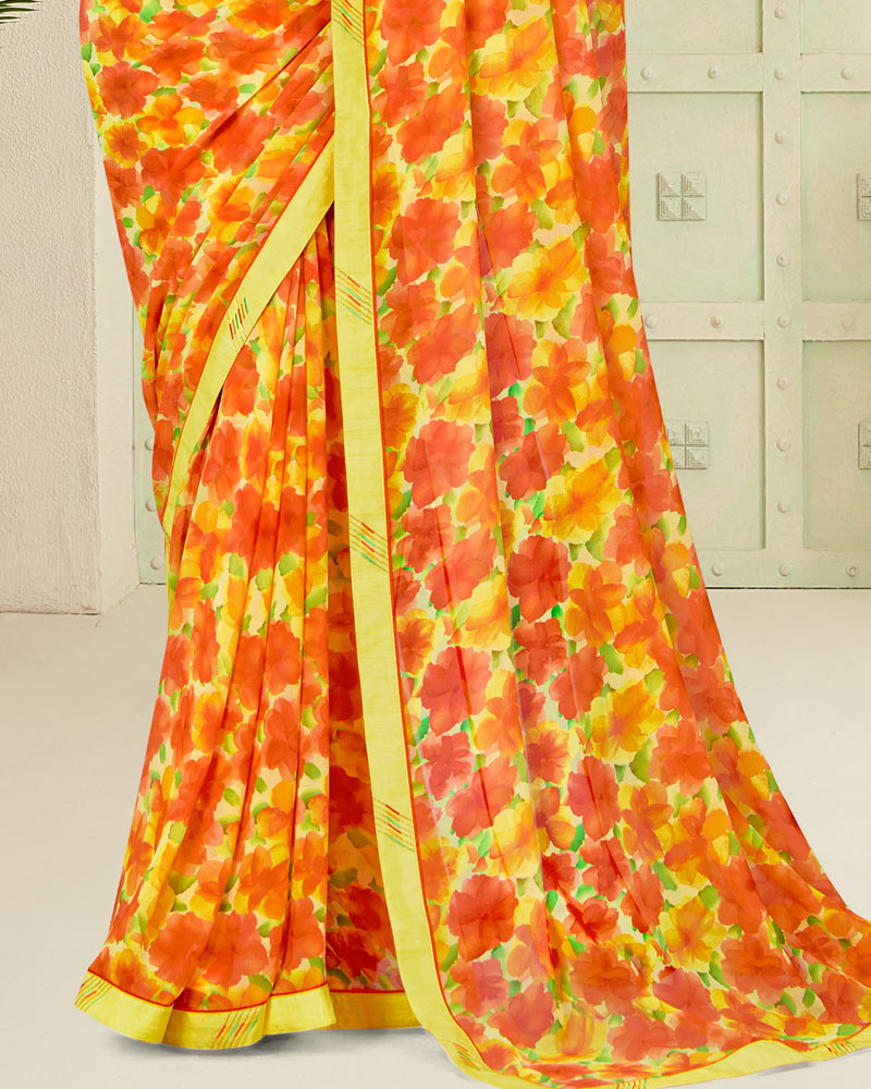 Vishal Prints Light Yellow Digital Print Georgette Saree With Fancy Border
