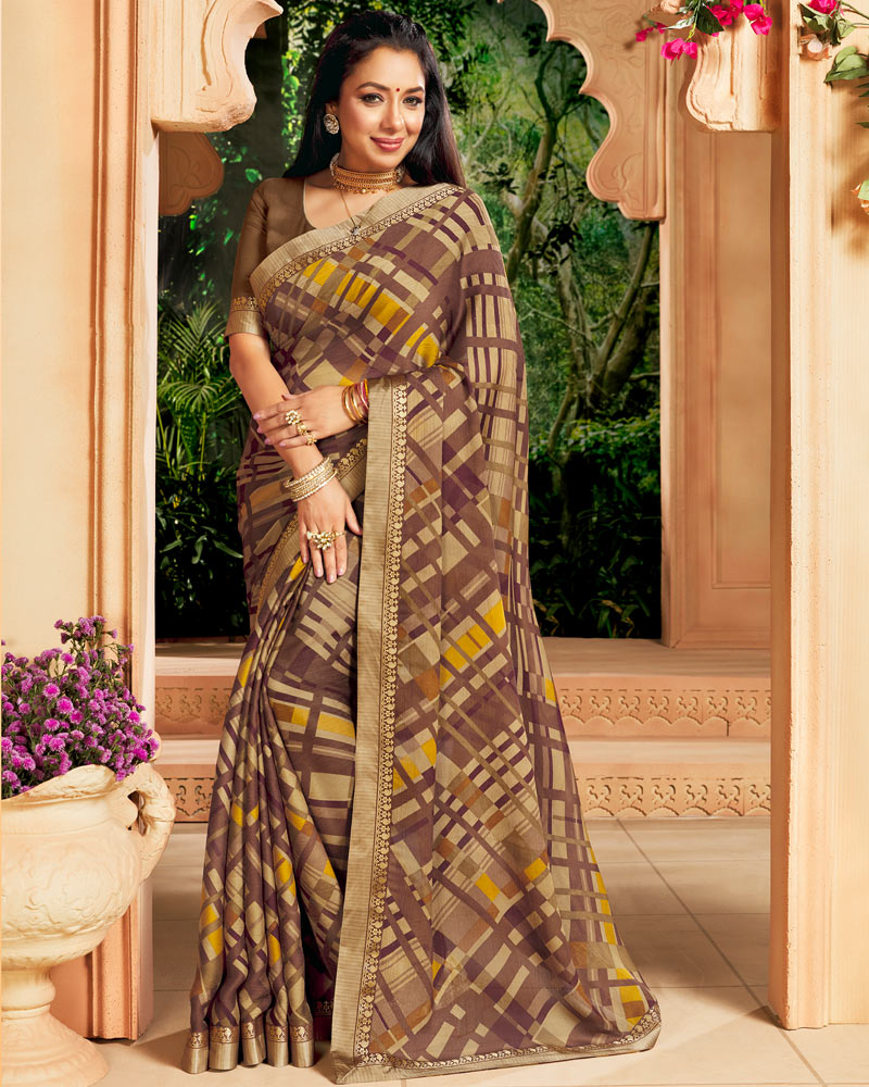 Vishal Prints Brown Printed Georgette Saree With Border
