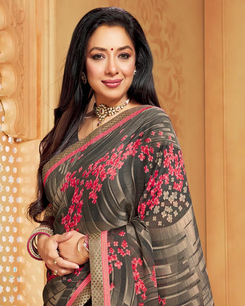 Vishal Prints Grey Printed Georgette Saree With Border