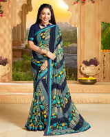 Vishal Prints Dark Blue Printed Georgette Saree With Border