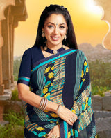 Vishal Prints Dark Blue Printed Georgette Saree With Border