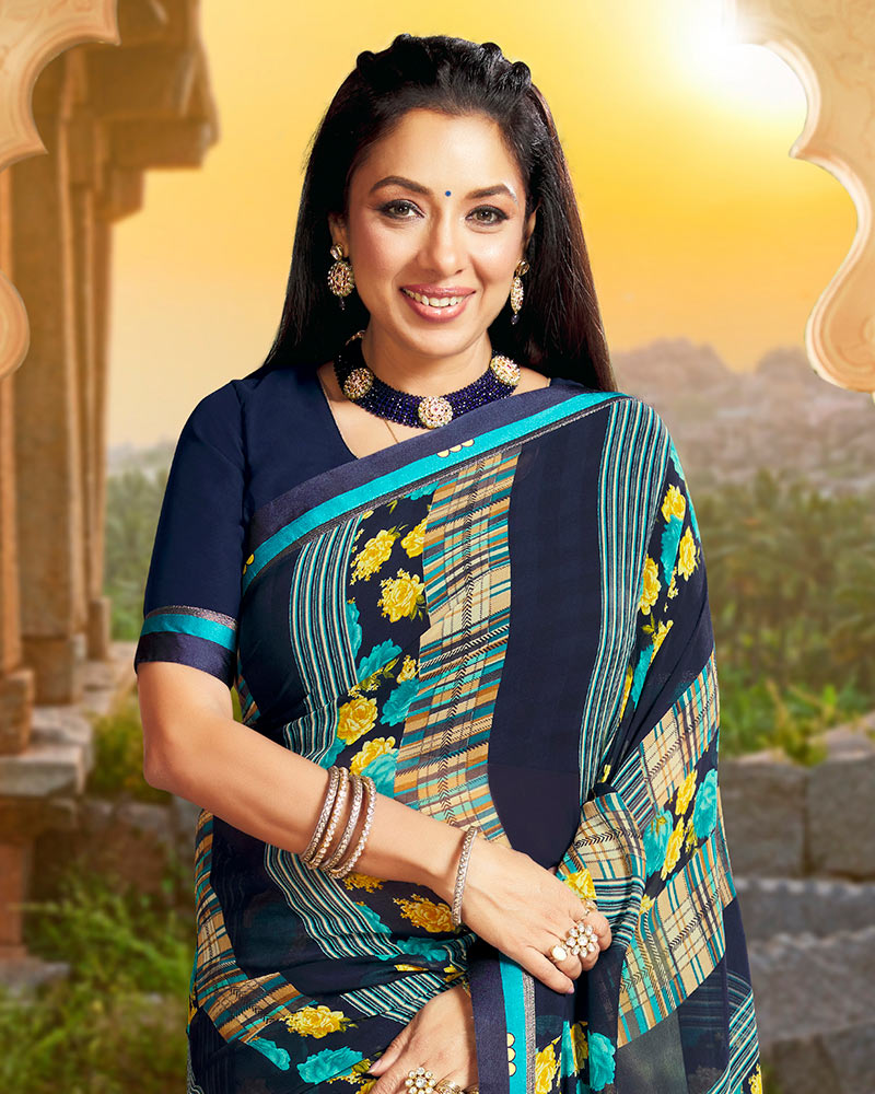 Vishal Prints Dark Blue Printed Georgette Saree With Border