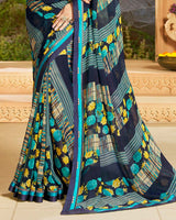 Vishal Prints Dark Blue Printed Georgette Saree With Border