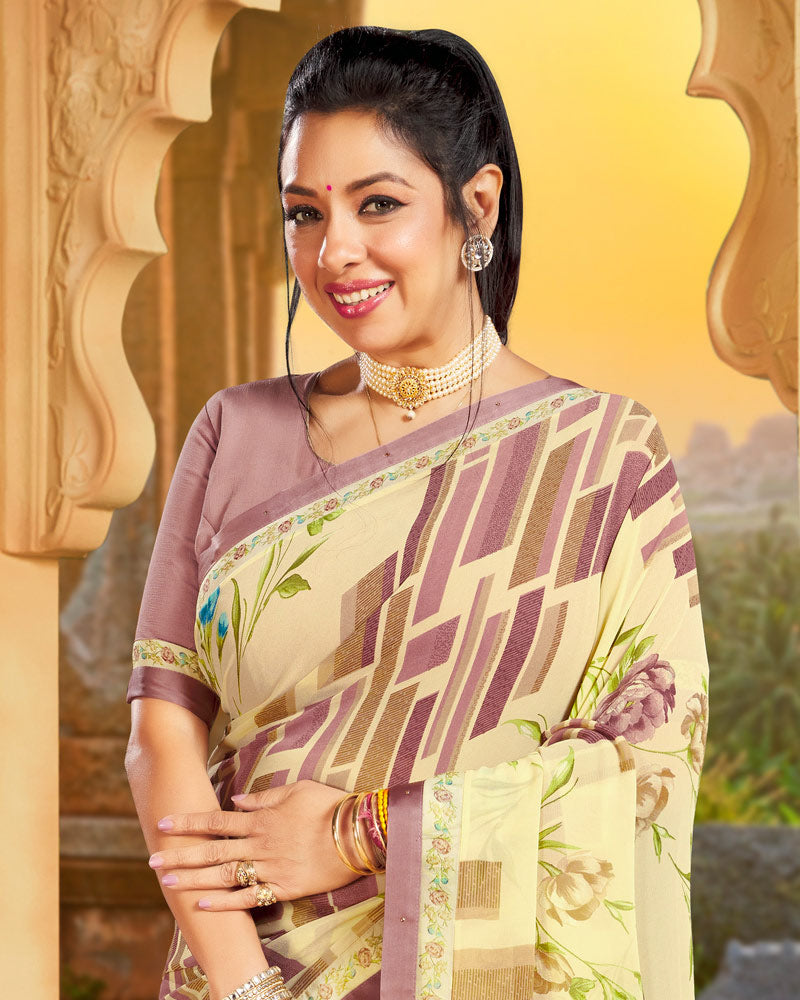 Vishal Prints Pastel Yellow Printed Georgette Saree With Border