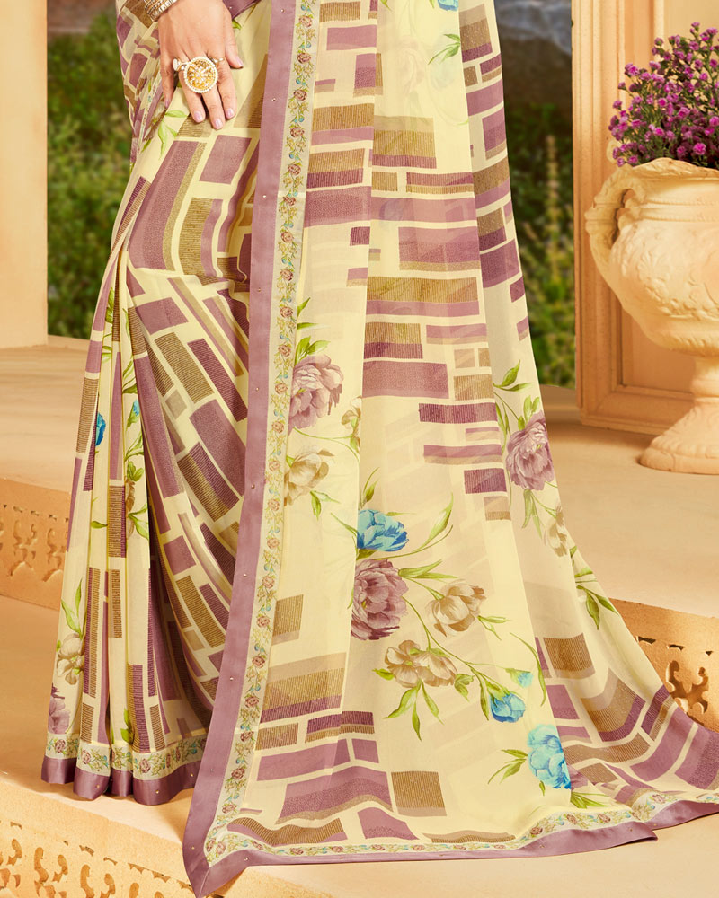 Vishal Prints Pastel Yellow Printed Georgette Saree With Border