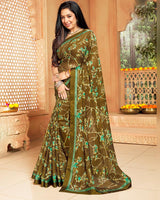 Vishal Prints Mehandi Green Printed Georgette Saree With Border