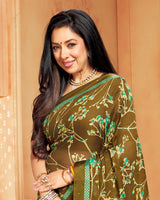 Vishal Prints Mehandi Green Printed Georgette Saree With Border