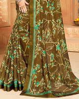 Vishal Prints Mehandi Green Printed Georgette Saree With Border