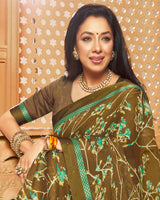 Vishal Prints Mehandi Green Printed Georgette Saree With Border