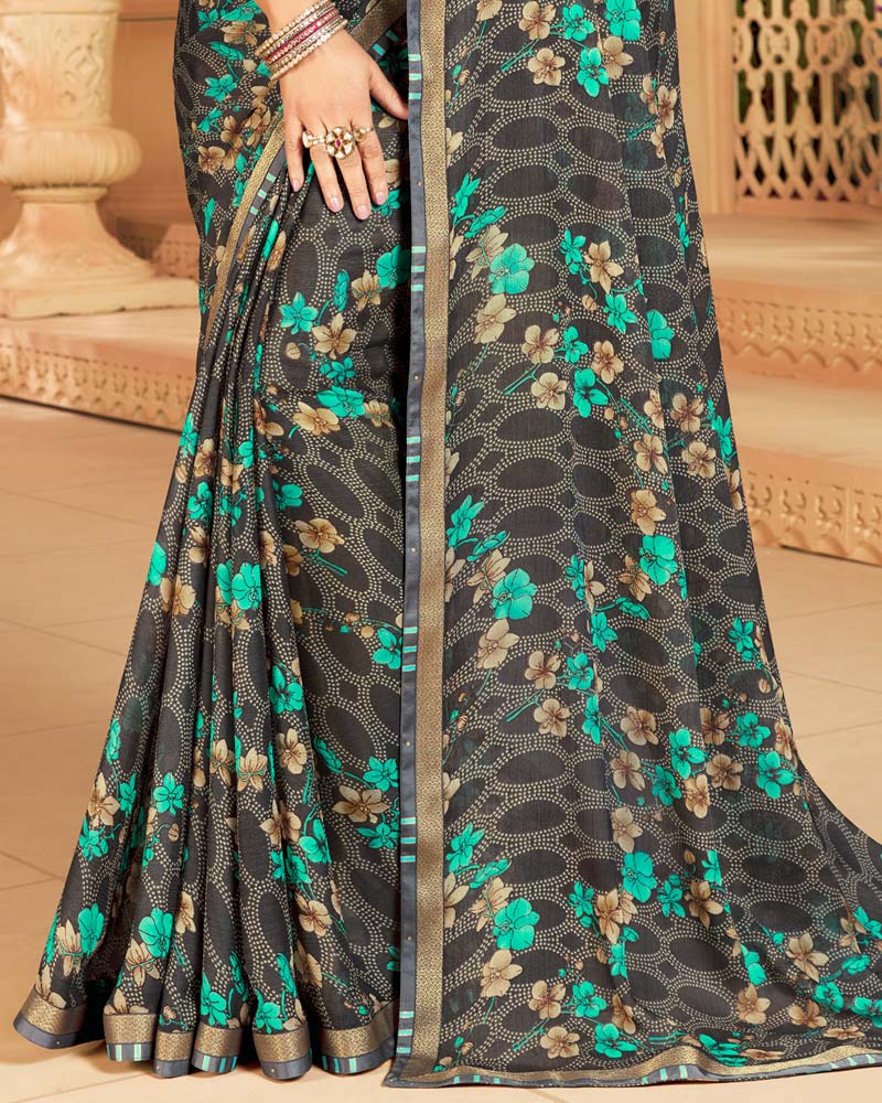 Vishal Prints Grey Printed Georgette Saree With Border