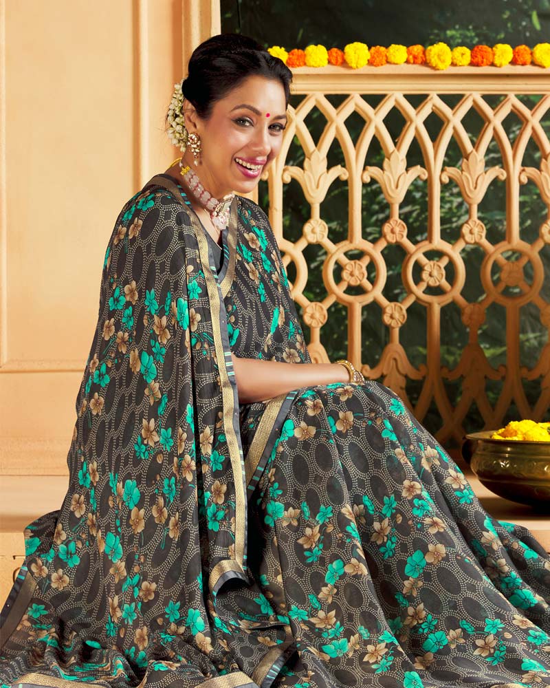 Vishal Prints Grey Printed Georgette Saree With Border
