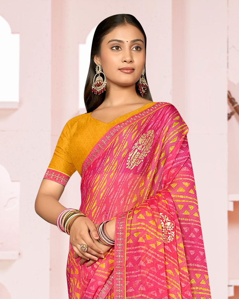 Vishal Prints French Rose Pink Printed Chiffon Saree With Foil Print And Fancy Embroidery Border