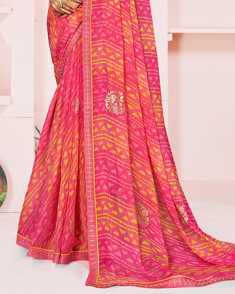 Vishal Prints French Rose Pink Printed Chiffon Saree With Foil Print And Fancy Embroidery Border