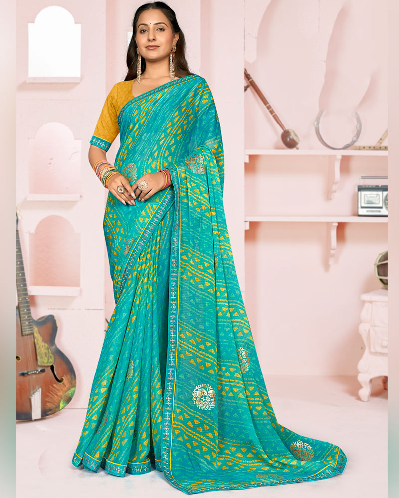 Vishal Prints Dark Turquoise Blue Printed Chiffon Saree With Foil Print And Fancy Embroidery Border