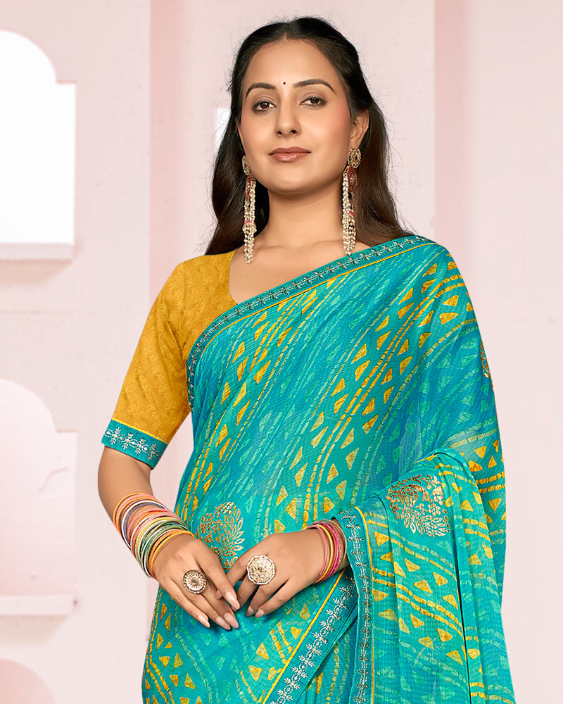 Vishal Prints Dark Turquoise Blue Printed Chiffon Saree With Foil Print And Fancy Embroidery Border
