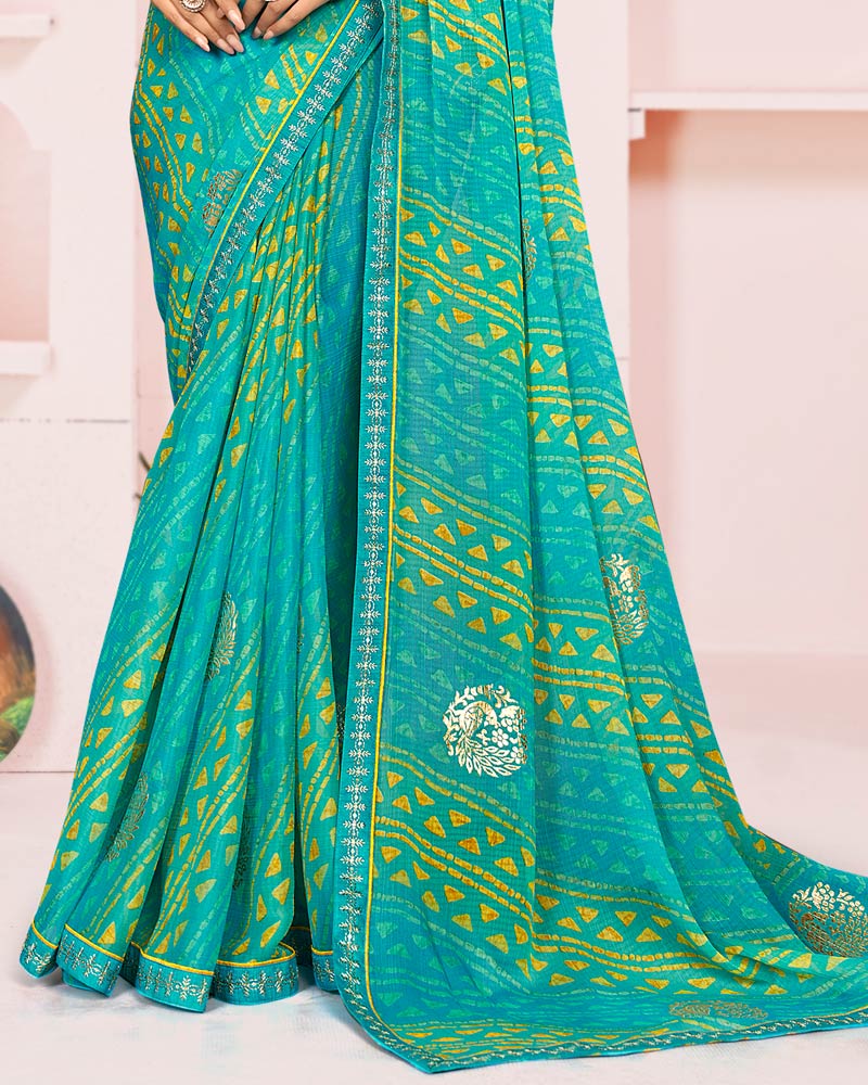 Vishal Prints Dark Turquoise Blue Printed Chiffon Saree With Foil Print And Fancy Embroidery Border