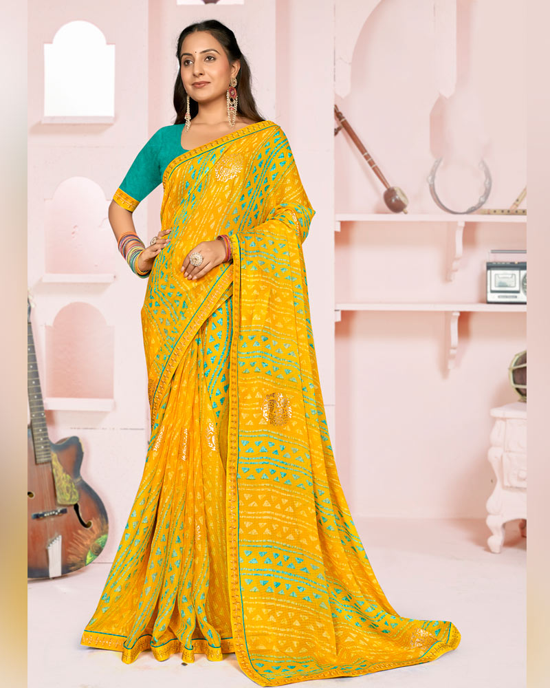 Vishal Prints Yellowish Orange Printed Chiffon Saree With Foil Print And Fancy Embroidery Border