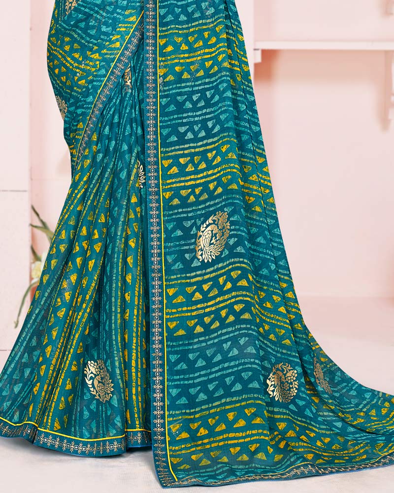 Vishal Prints Dark Aqua Blue Printed Chiffon Saree With Foil Print And Fancy Embroidery Border