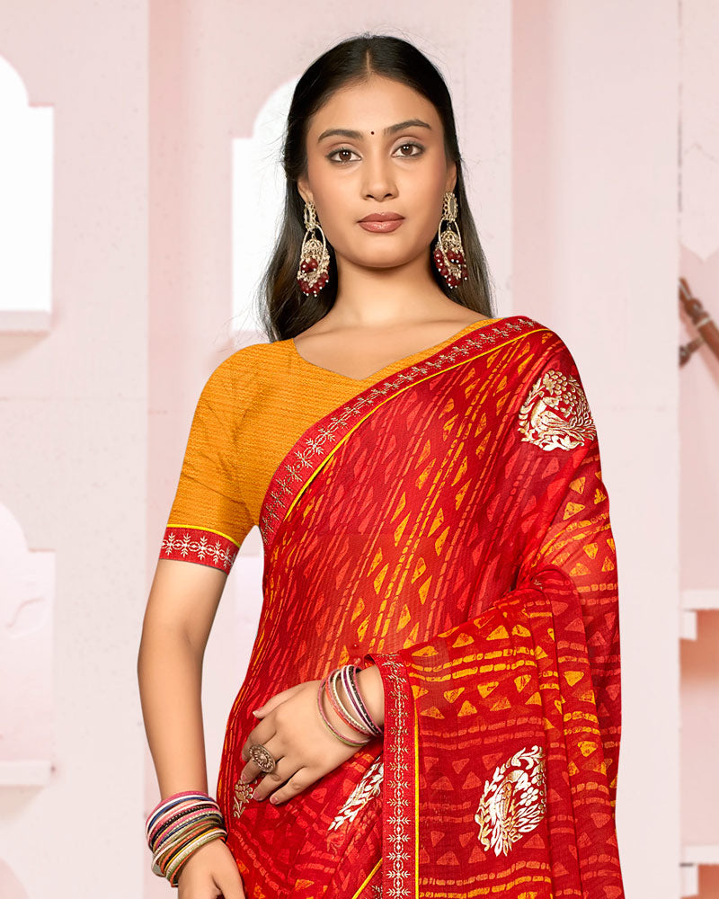 Vishal Prints Lava Red Printed Chiffon Saree With Foil Print And Fancy Embroidery Border