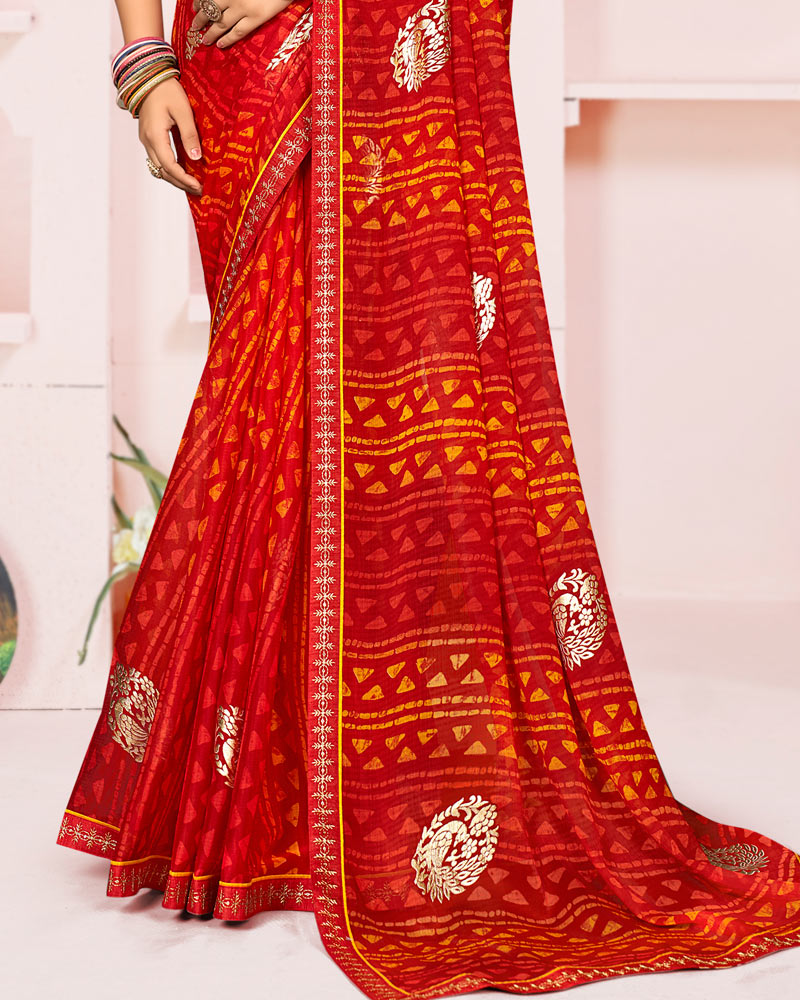 Vishal Prints Lava Red Printed Chiffon Saree With Foil Print And Fancy Embroidery Border