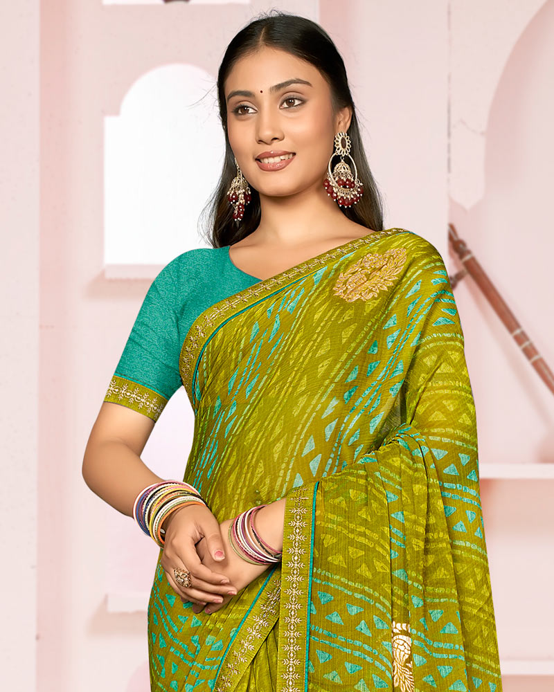 Vishal Prints Olive Yellow Printed Chiffon Saree With Foil Print And Fancy Embroidery Border