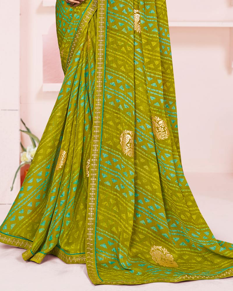 Vishal Prints Olive Yellow Printed Chiffon Saree With Foil Print And Fancy Embroidery Border