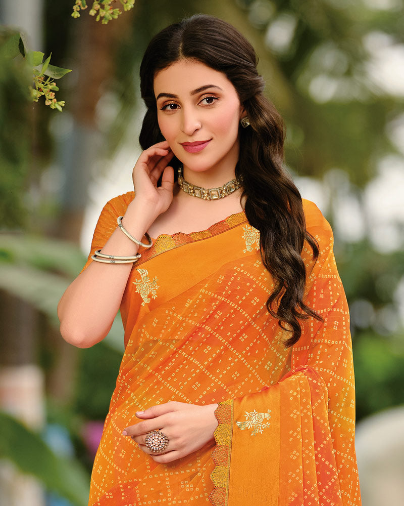 Vishal Prints Carrot Orange Printed Georgette Saree With Foil Print And Weaved Satin Patta With Border