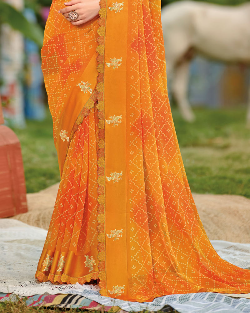 Vishal Prints Carrot Orange Printed Georgette Saree With Foil Print And Weaved Satin Patta With Border
