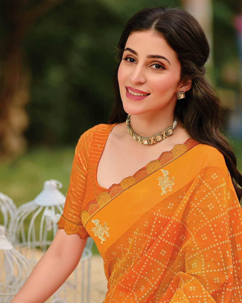 Vishal Prints Carrot Orange Printed Georgette Saree With Foil Print And Weaved Satin Patta With Border