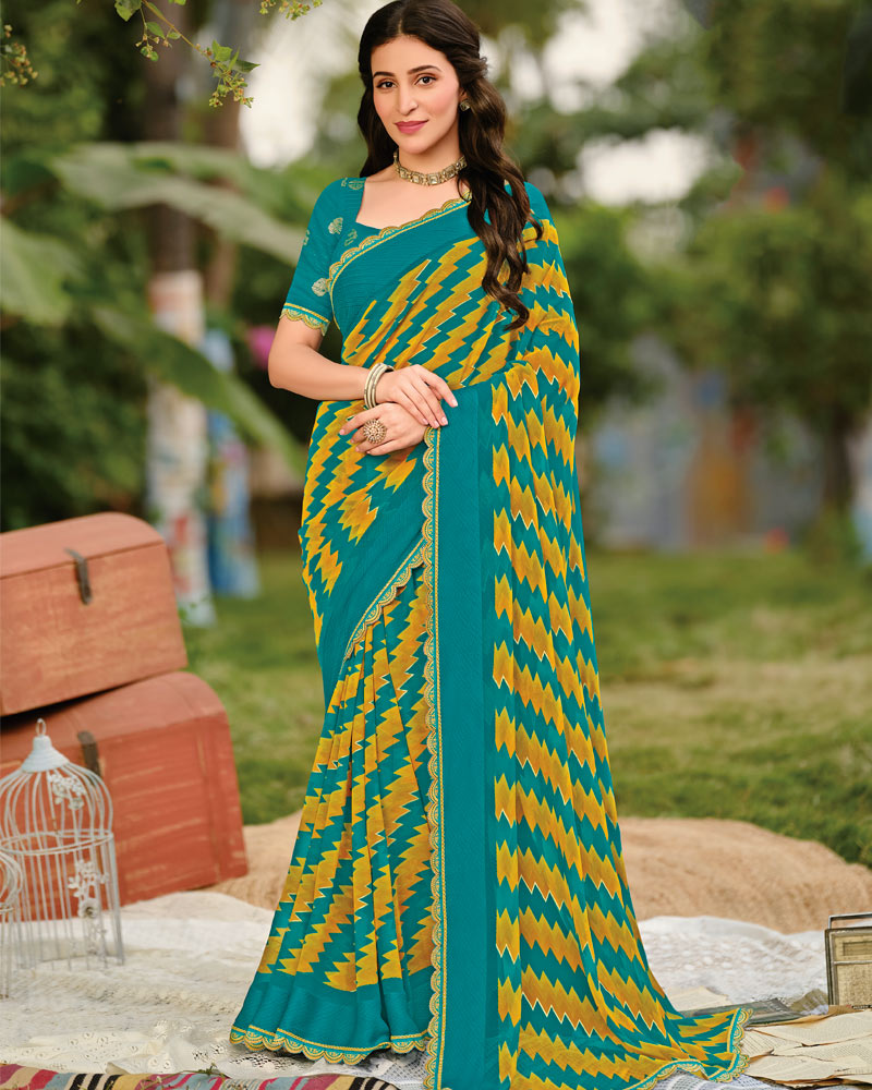 Vishal Prints Deep Aqua Green Printed Georgette Saree With Foil Print And Weaved Satin Patta With Border