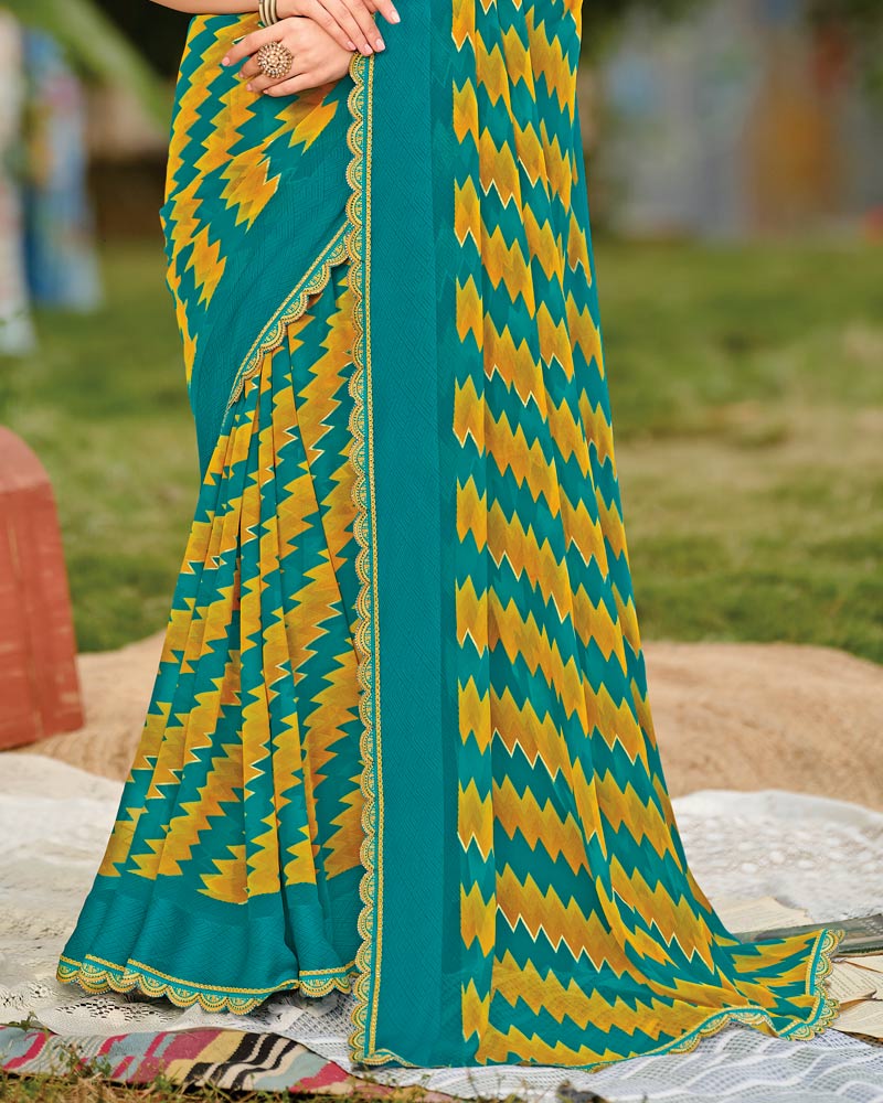 Vishal Prints Deep Aqua Green Printed Georgette Saree With Foil Print And Weaved Satin Patta With Border