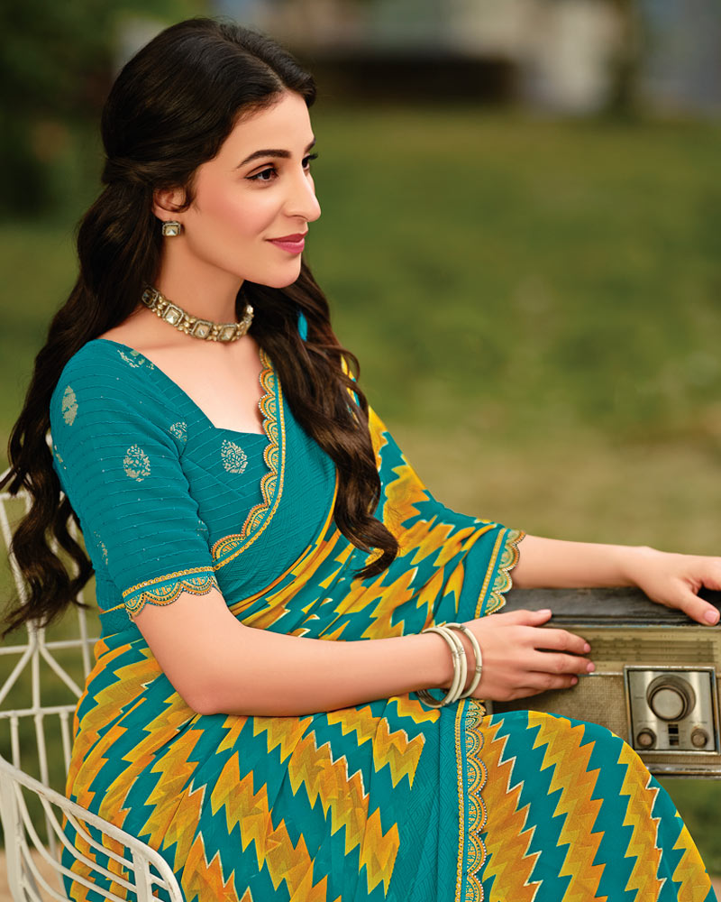 Vishal Prints Deep Aqua Green Printed Georgette Saree With Foil Print And Weaved Satin Patta With Border