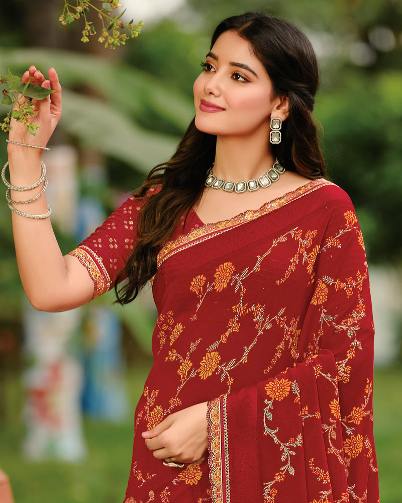 Vishal Prints Deep Maroon Printed Georgette Saree With Foil Print And Weaved Satin Patta With Border