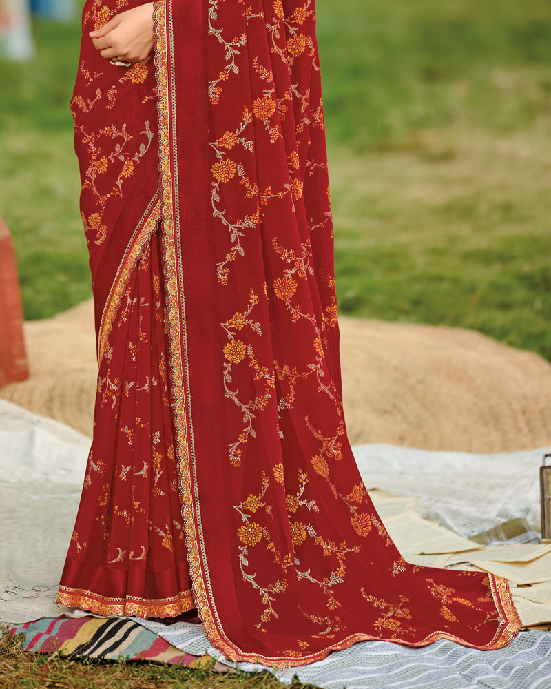 Vishal Prints Deep Maroon Printed Georgette Saree With Foil Print And Weaved Satin Patta With Border