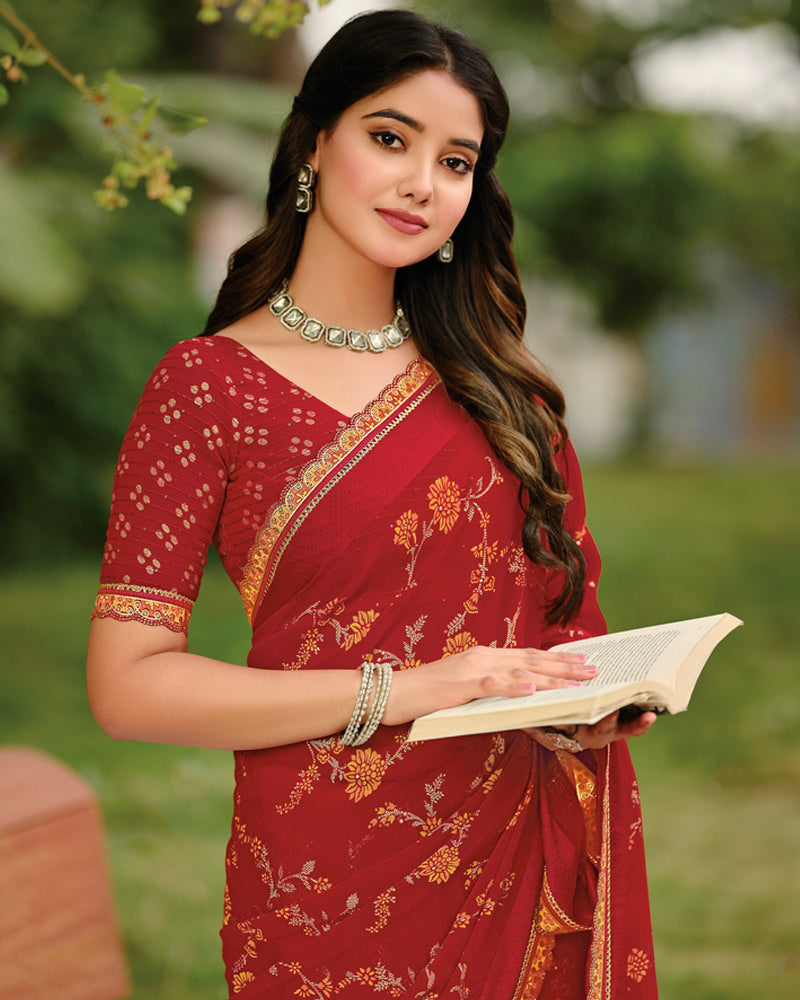 Vishal Prints Deep Maroon Printed Georgette Saree With Foil Print And Weaved Satin Patta With Border