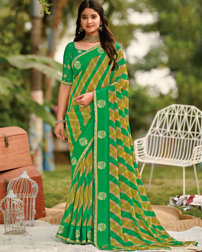 Vishal Prints Spring Green Printed Georgette Saree With Foil Print And Weaved Satin Patta With Border