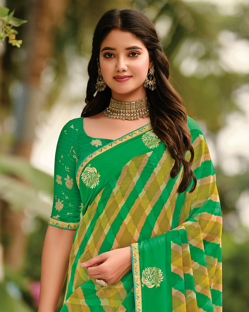 Vishal Prints Spring Green Printed Georgette Saree With Foil Print And Weaved Satin Patta With Border